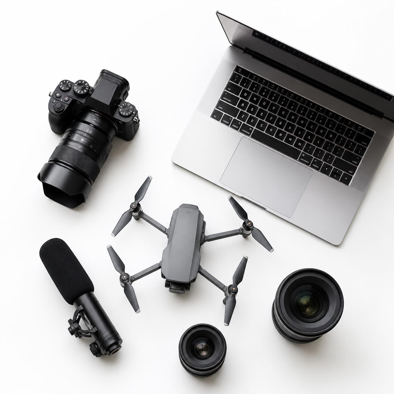 Equipo profesional de producción audiovisual: cámara, drone, laptop, micrófono y lentes